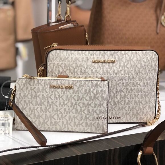 BUNDLE MICHAEL KORS Jet Set Large Vanilla MK Logo East West Xbody Phone Wallet - Picture 15 of 15